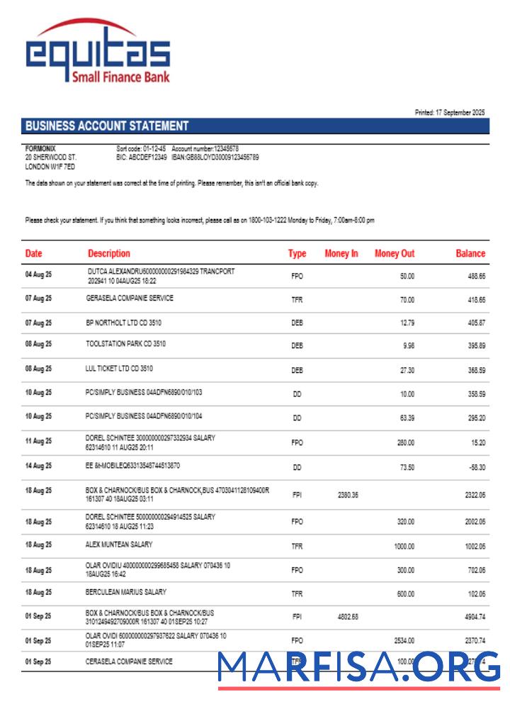 Downloadable Equaitas enterprise account statement Word and PDF format template